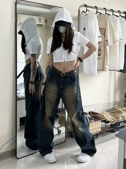 Women Jeans Distressed Full Length Wide Leg Denim Pants Spliced Zipper Fly Vintage Jean Pockets High Street Loose Fit Washed