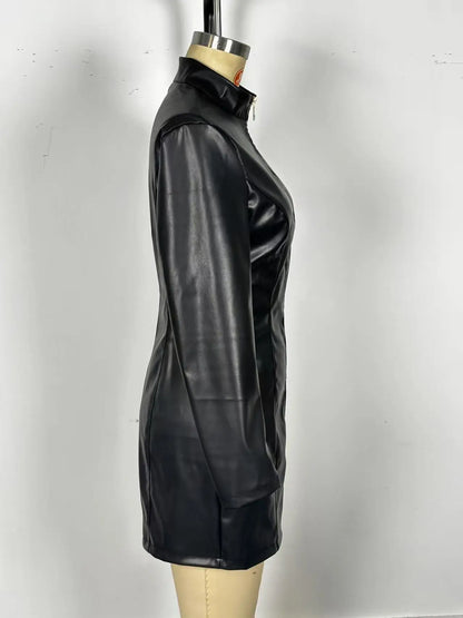 Glossy PU Leather Sexy Fashionable Zipper Dress Slim Fit Long Sleeved Leather Frock With Buttocks Wrapped Vestidos Para Mujer