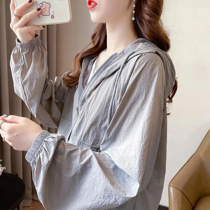 （Summer4）Women Sun Protection Clothing UV Protection Summer Loose Fit Hooded Zippered Thin And Casual