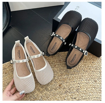 Mesh Breathable Flat Mary Jane Shoes Women Fashion Square Toe Soft Bottom Sandals Comfort Buckle Designer Ballet Shoe for Ladies