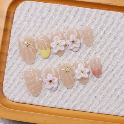 10Pcs Cat Eye Almond Handmade Press on Nails 3D Flower Fake Nails Wearable Stick-on Nails False Nail 네일팁 Накладные Ногти Uñas