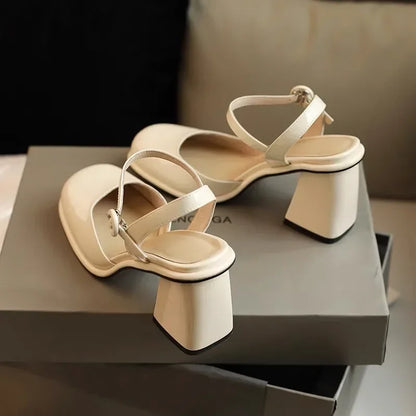 2025 Shoes Female Slingbacks  High Heels Fashion Dress Pumps  Shallow High Chunky  Buckle Strap Women's Sandals