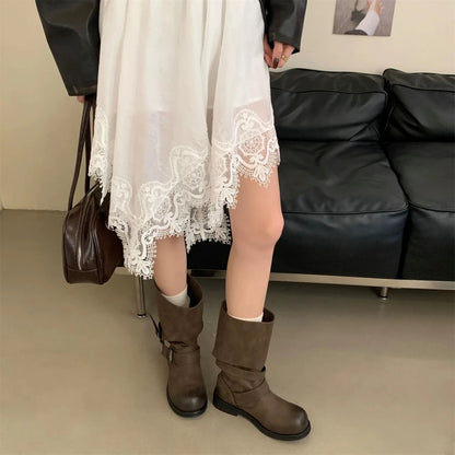 Women's Long Boots Fashion Dress Flats Shoes for Woman Designer Winter Motorcycle Boots 2025 Goth Chelsea Botas De Mujer Shoes