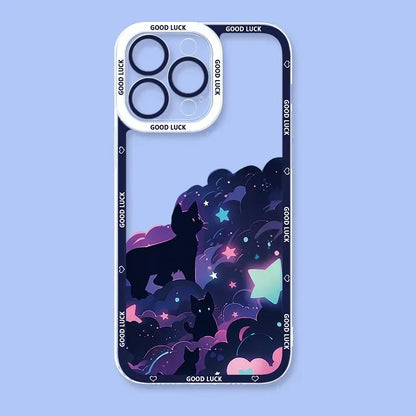Starry Sky Black Cats Clear Phone Case For iPhone 15 14 13 11 12 16 Pro XS Max Mini XR X SE 7 8 Plus Transparent Cover Fundas