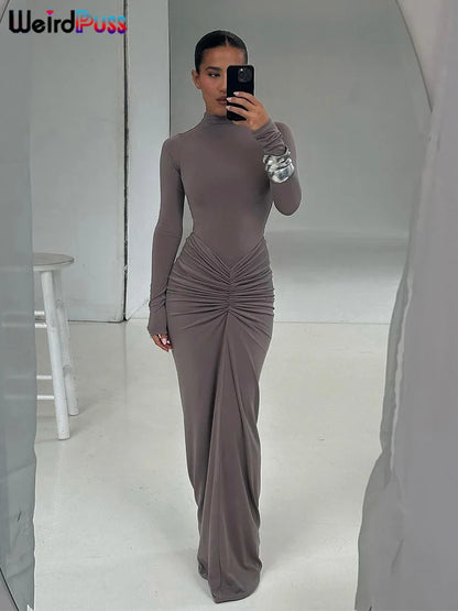 Weird Puss Hipster Ruched Dress Women O-Neck Full Sleeve Skinny Stretch Robe Autumn Trend Simple Classic Pleats Long Bodycon