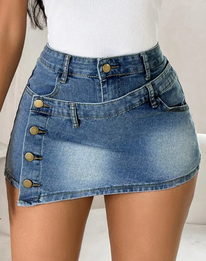 Retro Denim Shorts 2024 Women's Washed Distressed Design with Buttons High Waisted A-Line Denim Skirt Pants Personalized Jeans