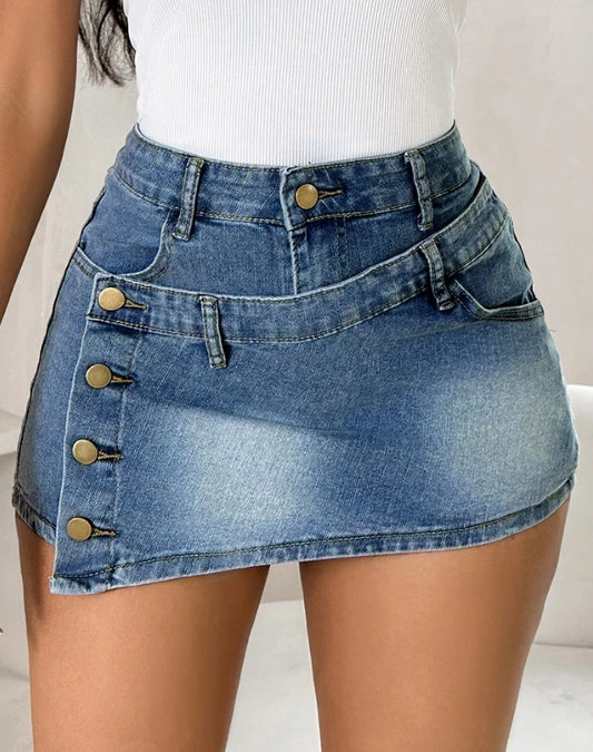 Retro Denim Shorts 2024 Women's Washed Distressed Design with Buttons High Waisted A-Line Denim Skirt Pants Personalized Jeans