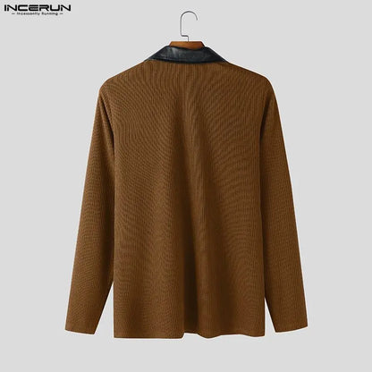 INCERUN Men Pullovers Patchwork Lapel Long Sleeve Knitted Male Sweaters Streetwear Spring Fashion Casual Thin Tops Men S-5XL