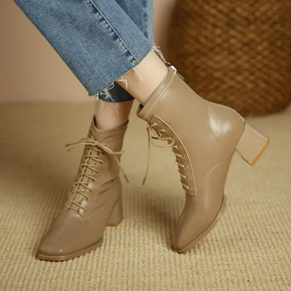 Winter High Heel Women's Ankle Boots  Fashion Lace Up Short Boots Women's Thick High Heel Side Zipper Botas De Mujer 2024