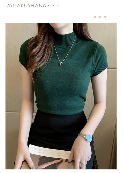 2024 Blusas Mujer De Moda Spring Summer New Solid Slim Turtleneck Blouse Women Clothing Korean Knitted Women Casual