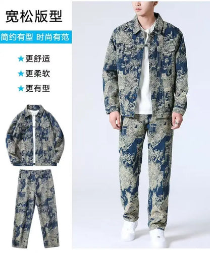 High Street Denim Sets Men's Jacquard Ragged Loose Casual Retro Washed Denim Shirt Style Jacket Jeans Pants