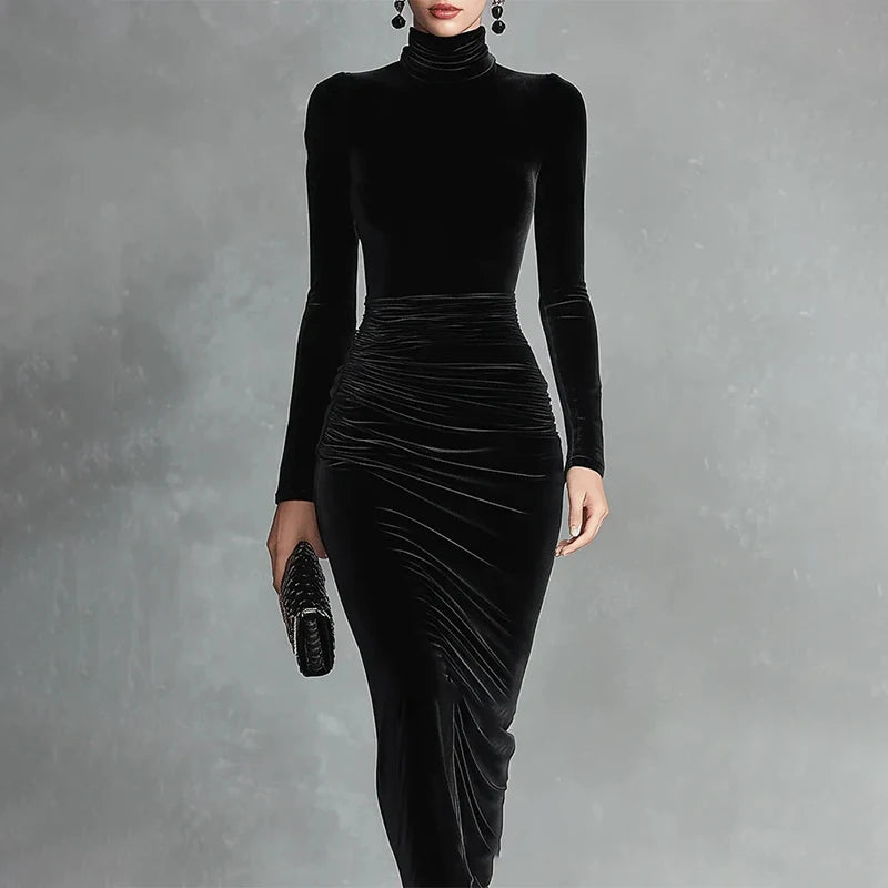 Women's Black Dress Long Sleeve Dress Half High Collar Sexy High Tight Velvet Sheath Dress Evening Party Elegant Vestido Robe