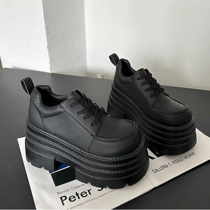 Women Platfrom Pumps Shoes Black Lace-up Leather Female British Style Spring Autumn New Heightening High Heels Mary Jane Loafers
