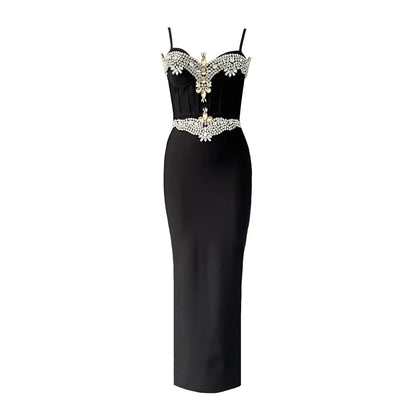 2025 Summer New Women Bandage Dress Sexy Spaghetti Strap Beading Clothes Club Party Maxi Dresses