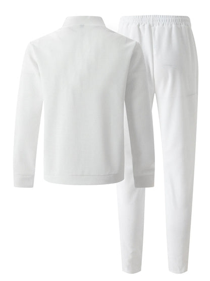 Men's Spring Casual Blazer Set Waffle Baseball Suit round Neck Zipper Long Sleeve Two-Piece Fashion Outfit with Pocket