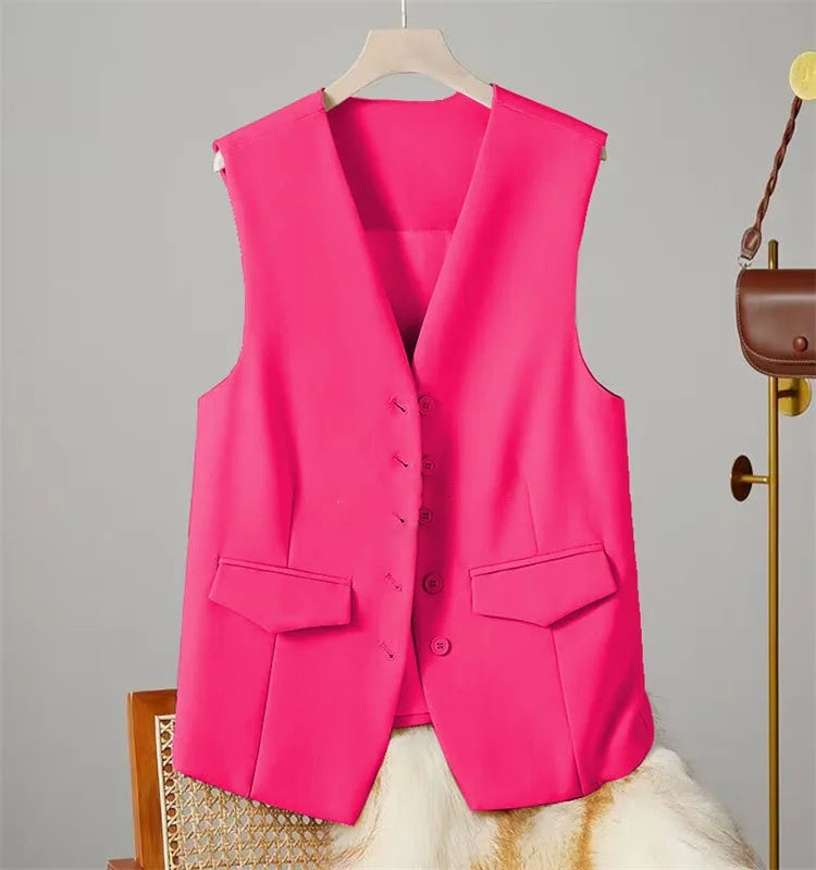 Vest Women Sleeveless Jacket Waistcoat V Neck Single Breasted Tops Outerwear Spring Summer Female 2025 Office Lady Vintage Coat