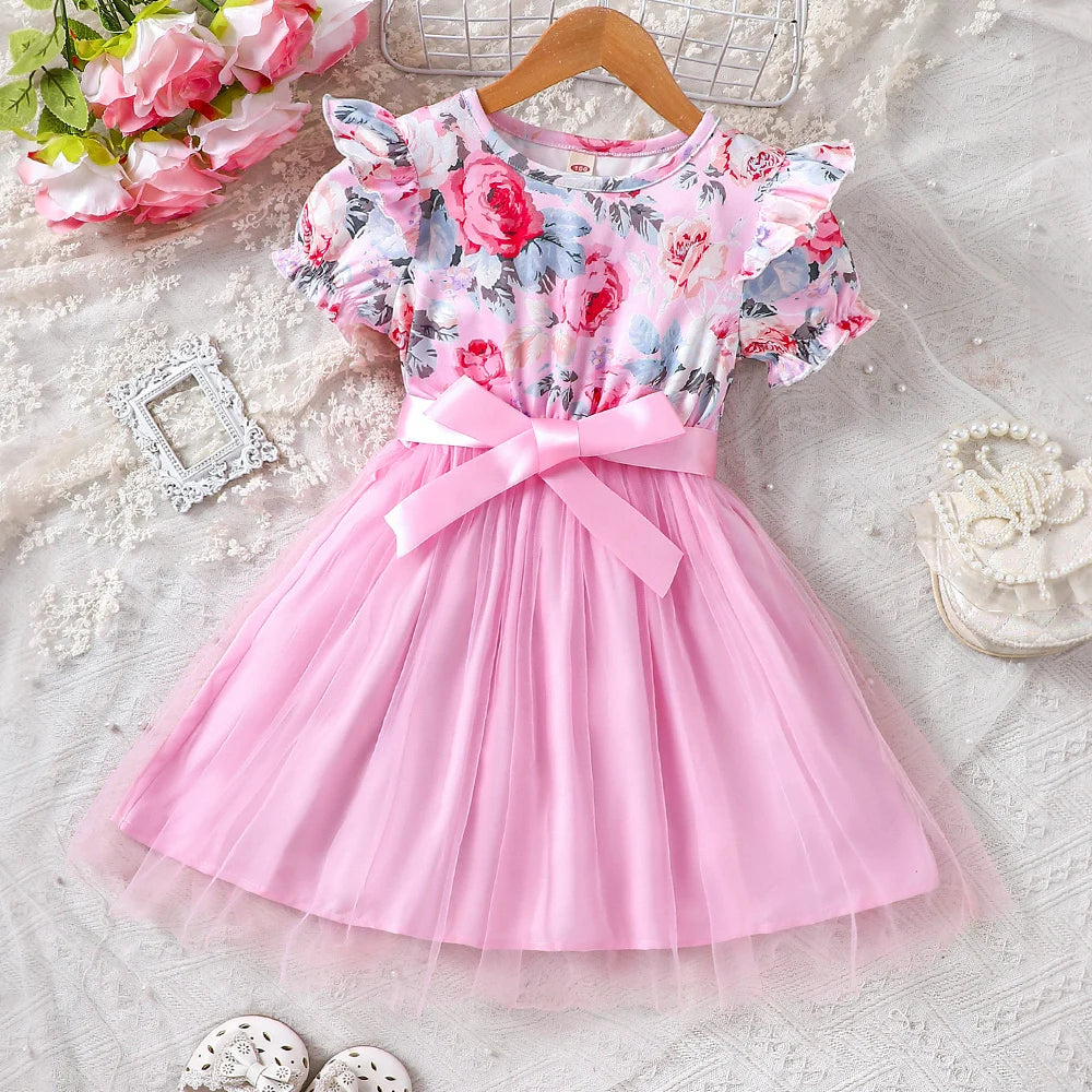 New girls' summer style bubble sleeve flower printed mesh dress