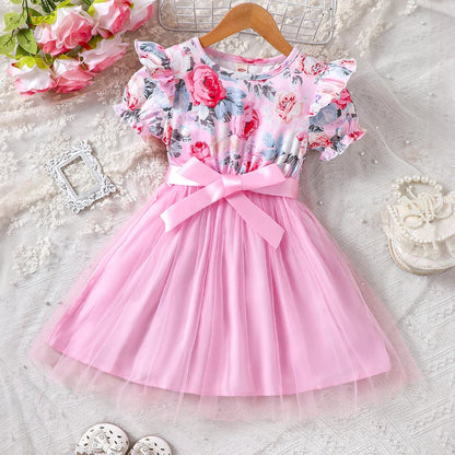 New girls' summer style bubble sleeve flower printed mesh dress