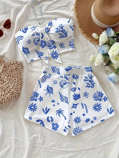Women's summer casual beach vacation style twisted front top and shorts two-piece set