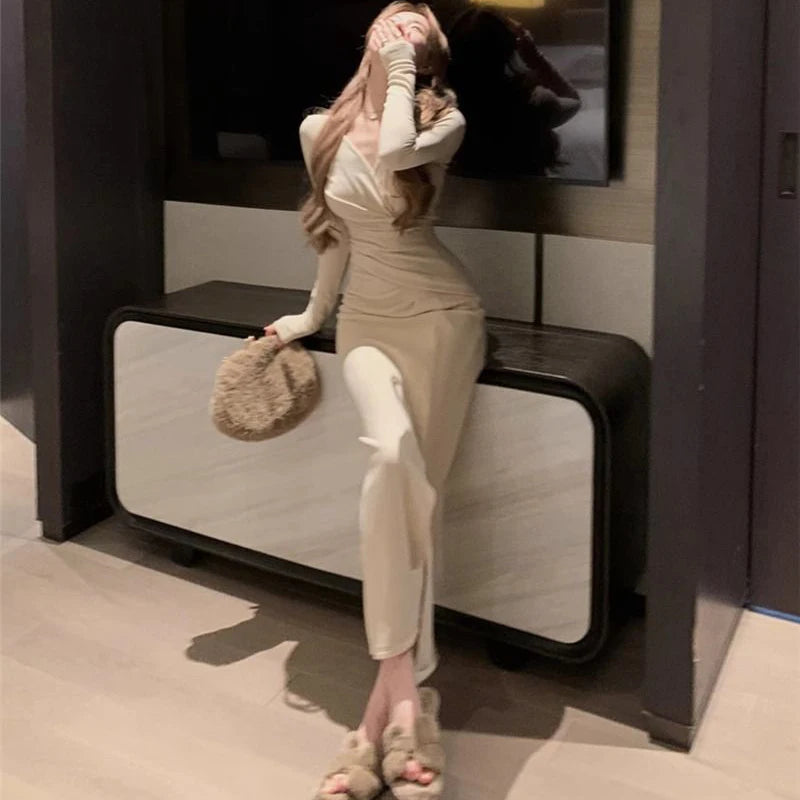 Spring Winter Lady Fashion Designer V-neck Slim Fit Long Sleeves Dress Girls Korean Version Solid Waist Cinching Wrap Hip Skirt