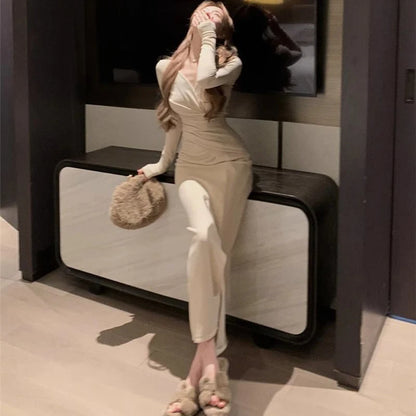 Spring Winter Lady Fashion Designer V-neck Slim Fit Long Sleeves Dress Girls Korean Version Solid Waist Cinching Wrap Hip Skirt