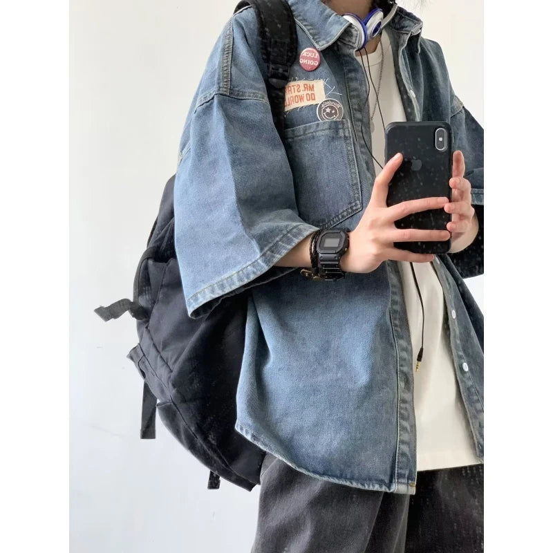 Harajuku Tooling Mens Sets 2024 Summer American Street Retro Denim Suit Hip Hop Printed Cowboy Shirt+Wide Leg Jeans 2-pcs New
