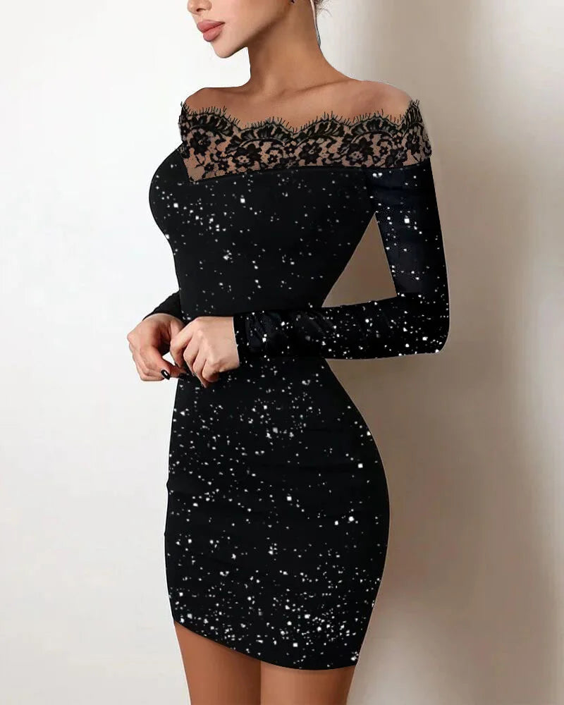 Dress Women Sexy Sheath Dresses Lace Hollow Out Sequins Sleeveless Slash Neck Full Sleeve Slim 2025 Female Party Vestidos