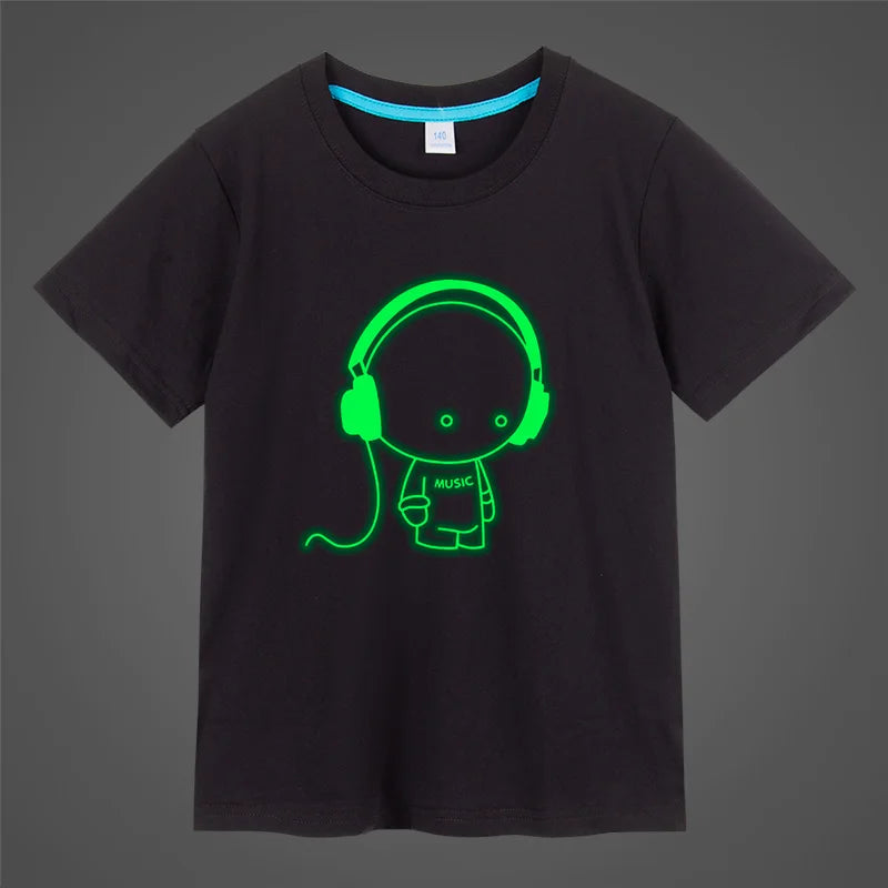 Boys Girls music Print Noctilucence Luminous T-shirts Summer men woman Kids Neon Party Club Night Light Punk Tops Tees