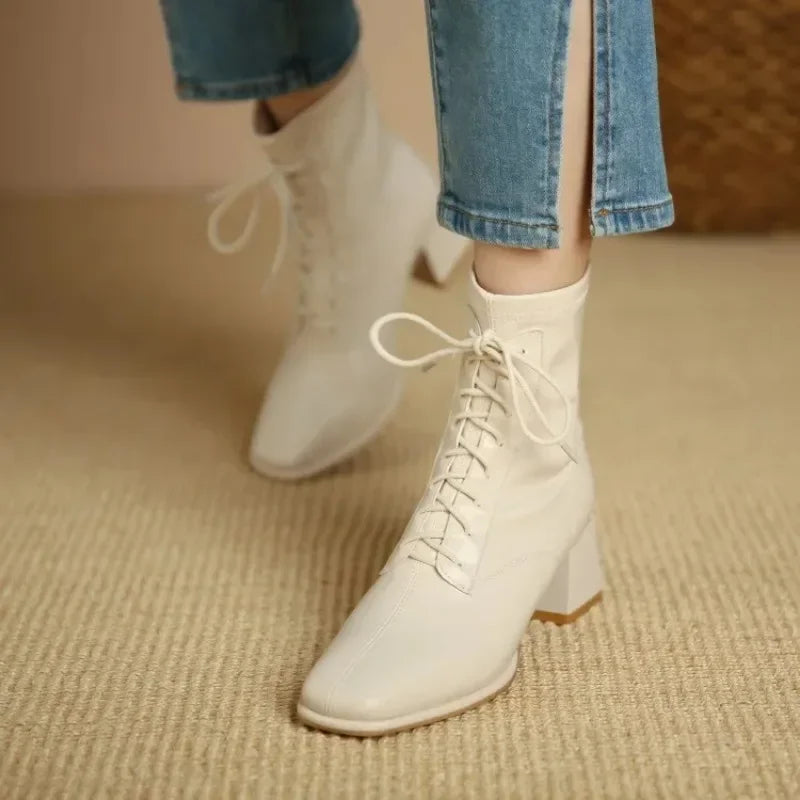 Winter High Heel Women's Ankle Boots  Fashion Lace Up Short Boots Women's Thick High Heel Side Zipper Botas De Mujer 2024