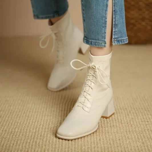 Winter High Heel Women's Ankle Boots  Fashion Lace Up Short Boots Women's Thick High Heel Side Zipper Botas De Mujer 2024