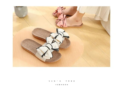 Women Summer Casual Slides Comfortable Flax Slippers Striped Bow Linen Flip Flops Platform Sandals Ladies Indoor Shoes  slippers