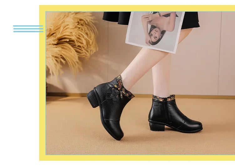 Top layer cowhide 2025 autumn and winter new retro ethnic style feature thick heel buckle splicing versatile women's short boots
