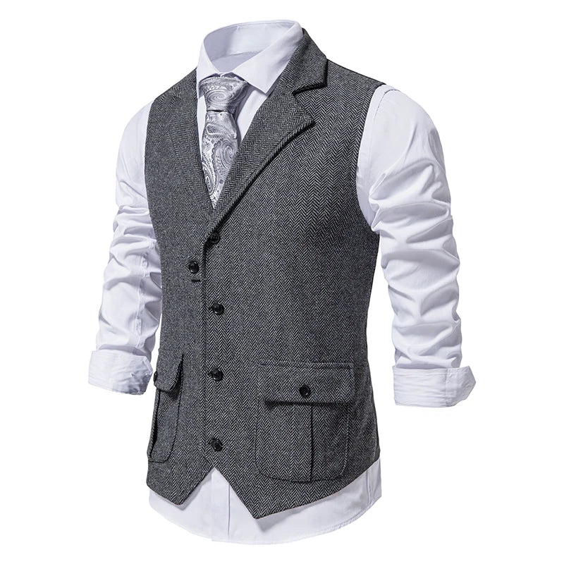 New Men's Retro Lapel Vest Herringbone Coarse Tweed Pockets Suit Vest British Casual Vintage Gentleman Leisure Party Bar Banquet