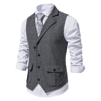 New Men's Retro Lapel Vest Herringbone Coarse Tweed Pockets Suit Vest British Casual Vintage Gentleman Leisure Party Bar Banquet