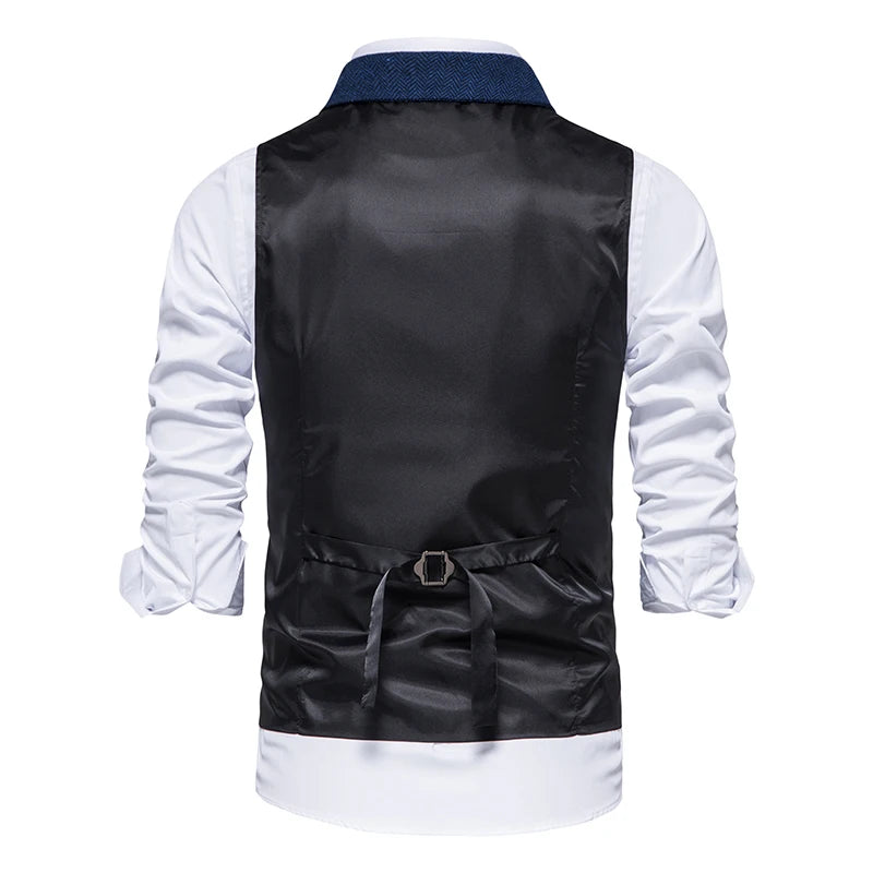 New Men's Retro Lapel Vest Herringbone Coarse Tweed Pockets Suit Vest British Casual Vintage Gentleman Leisure Party Bar Banquet