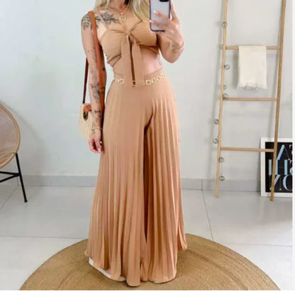 Fashion and Versatile Pleated Camisole Top and Loose Wide Leg Pants Set for Women's Summer Sexy Slim Fit Pants 2-Piece Set