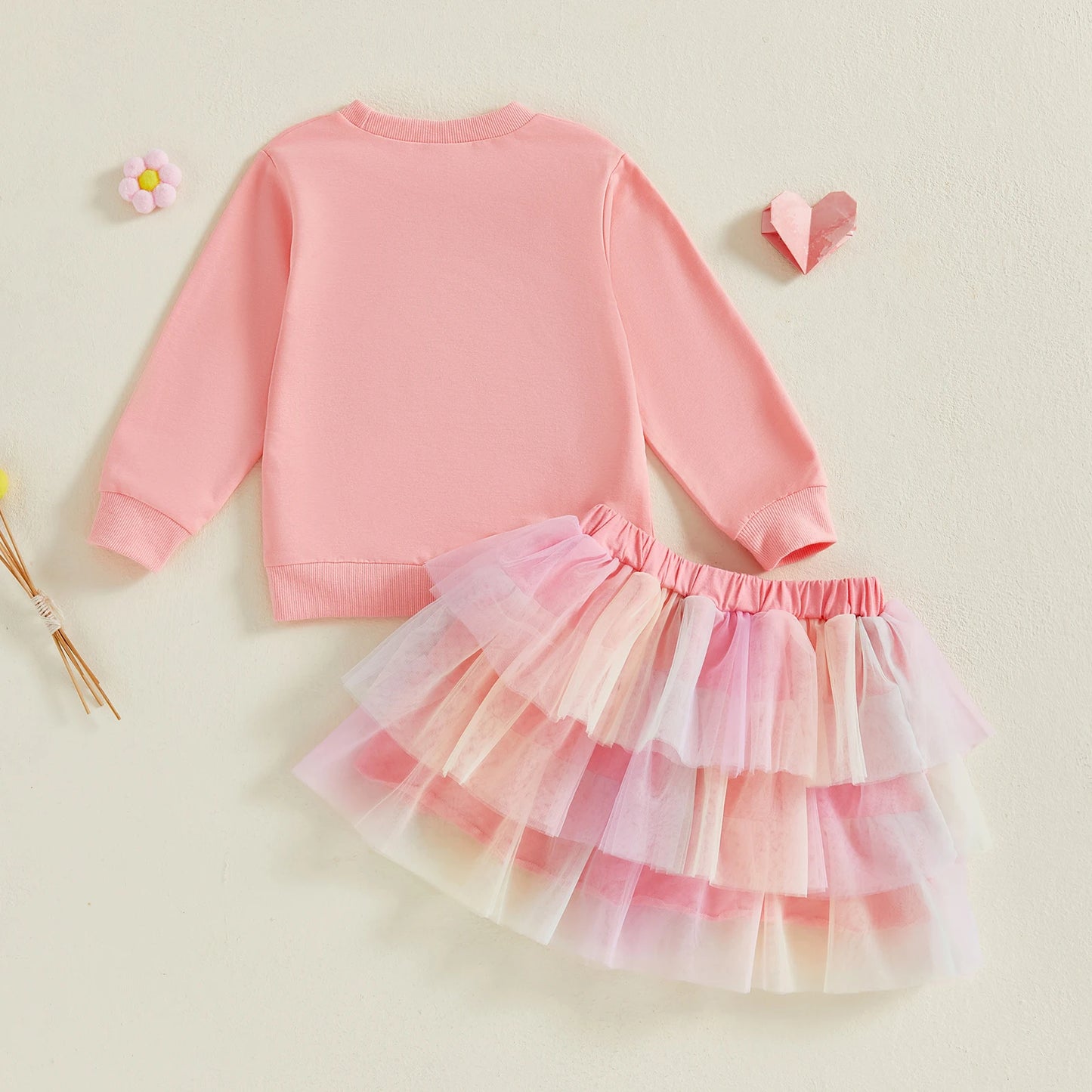 Citgeett Autumn Kids Toddler Girl Birthday Outfit Heart Letter Embroidered Long Sleeve Sweatshirt Contrast Tulle Skirt Set