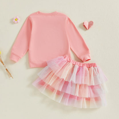 Citgeett Autumn Kids Toddler Girl Birthday Outfit Heart Letter Embroidered Long Sleeve Sweatshirt Contrast Tulle Skirt Set
