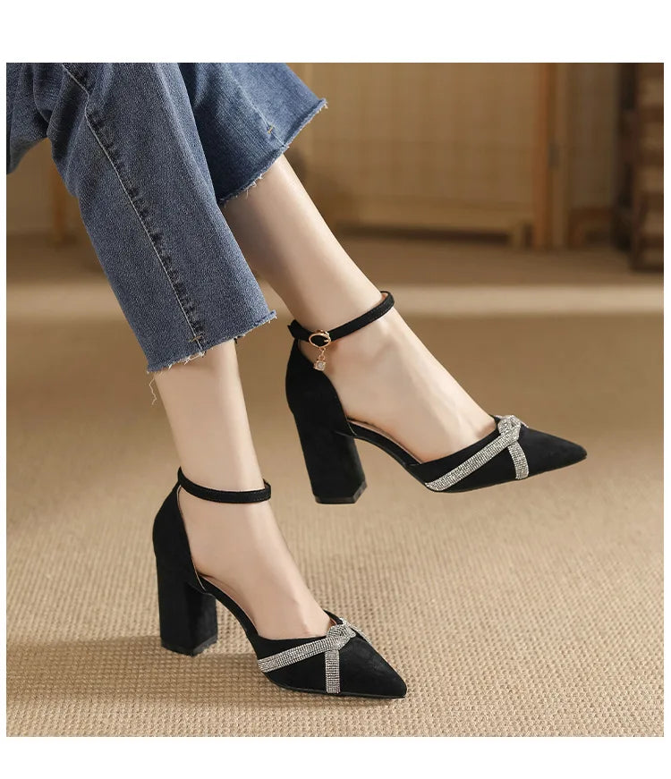 Size 30-44 Chunky Heel Hollow Point Toe High Heels Women Shoes Solid Color Ankle Strap Rhinestone Black Heels