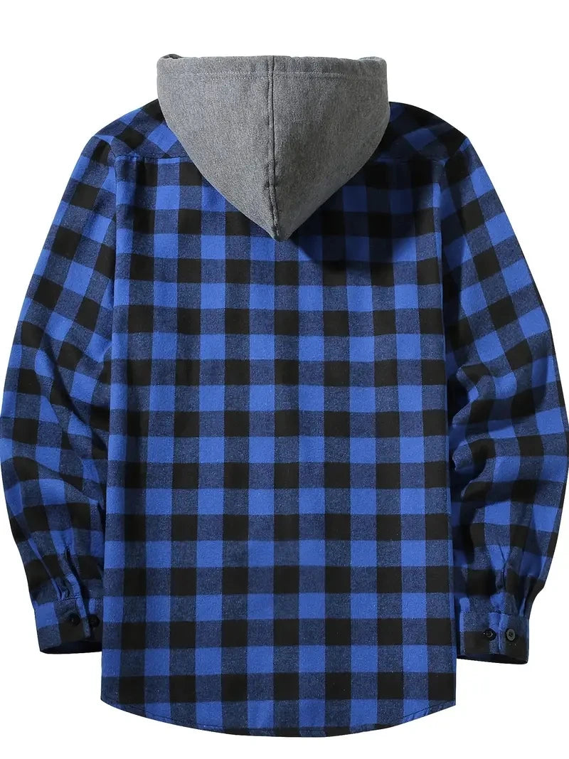 Youth Fashion Street Hooded Plaid Shirt Men's Slim Fit Long Sleeved Shirt Couple Travel Casual Shirt Men's Sports Shirt Jacket