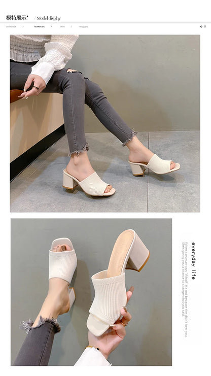 Women Sandals Slippers Luxury Summer Outdoor Casual Women Shoes Open Toe Soft High Heels Slides Black Mules Sandals Size 42