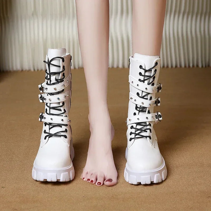 WOMEN BOOTS Goth Boots Woman Winter 2025 Platform Shoes Sneakers Studded Belt Buckle Punk  Chunky Heels Mid Calf Boots