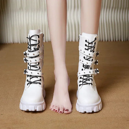 WOMEN BOOTS Goth Boots Woman Winter 2025 Platform Shoes Sneakers Studded Belt Buckle Punk  Chunky Heels Mid Calf Boots