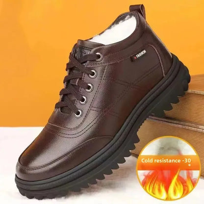 Men's High-Top Cotton Shoes Winter Thickened Fleece Anti-slip Warm Casual Fashion Outdoor Snow Boots Breathable Leather