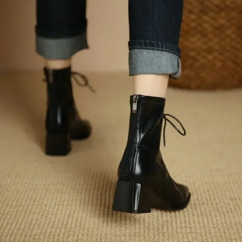 Winter High Heel Women's Ankle Boots  Fashion Lace Up Short Boots Women's Thick High Heel Side Zipper Botas De Mujer 2024