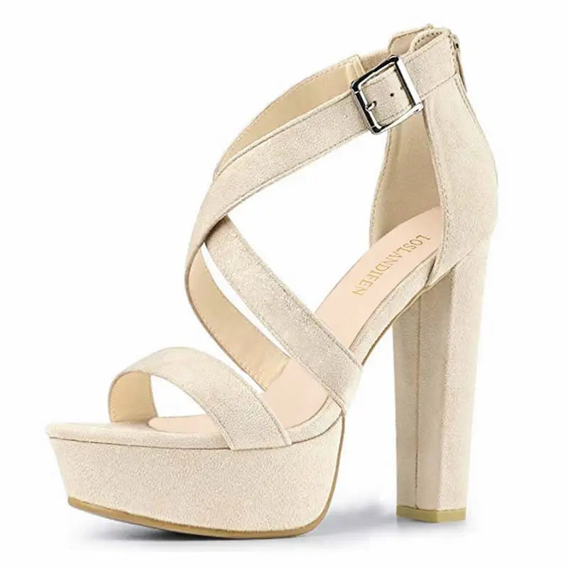 LOSLANDIFEN Women's Open Toe Cross Strap Buckle Wedge Platform Sandals High Heel Chunky Block Heels Dress Party Wedding Shoes