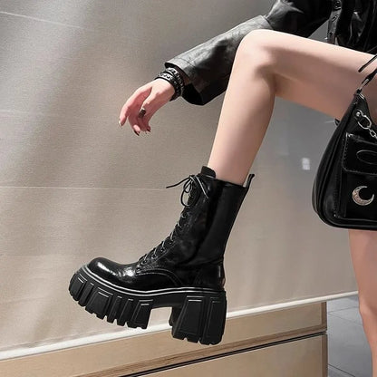 Fashion Platform Mid-calf Boots Black Thick High Heel Punk Short Boots Goth Style Cool Girl Spring Autumn Street Women's Shoes