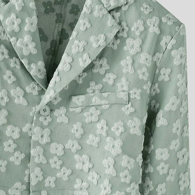 INCERUN Men Blazer Flower Jacquard Lapel Long Sleeve Crop Coats Men Streetwear Autumn 2025 One Button Fashion Casual Male Suit