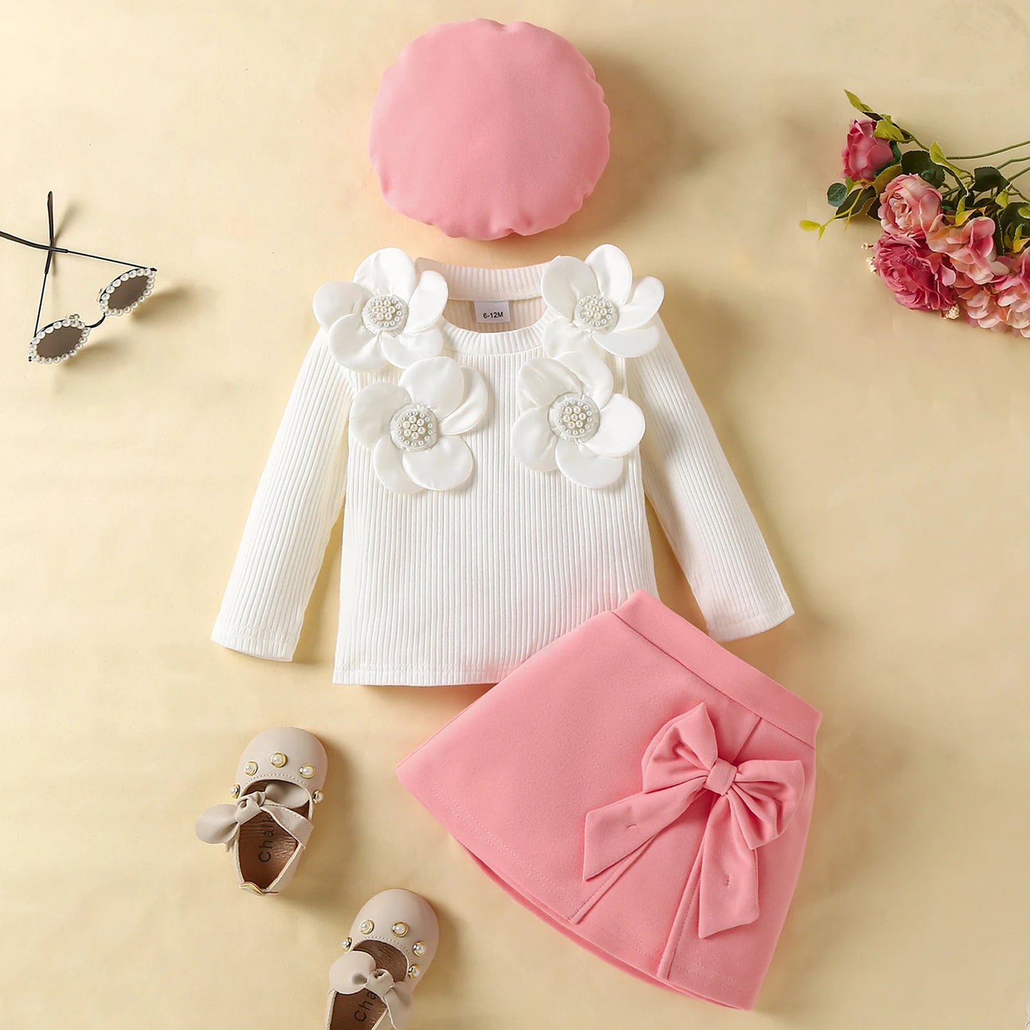 FOCUSNORM 0-4Y Fashion Little Kids Girls Autumn Clothes Sets Outfits Long Sleeve 3D Flower Decor Ribbed Tops A-line Skirt Beret