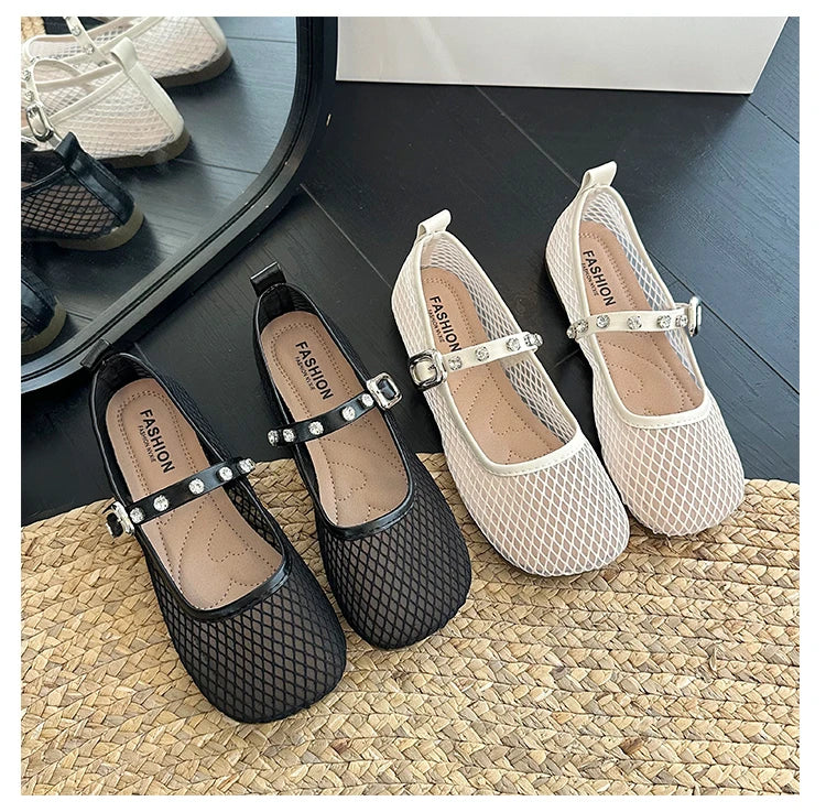 Mesh Breathable Flat Mary Jane Shoes Women Fashion Square Toe Soft Bottom Sandals Comfort Buckle Designer Ballet Shoe for Ladies